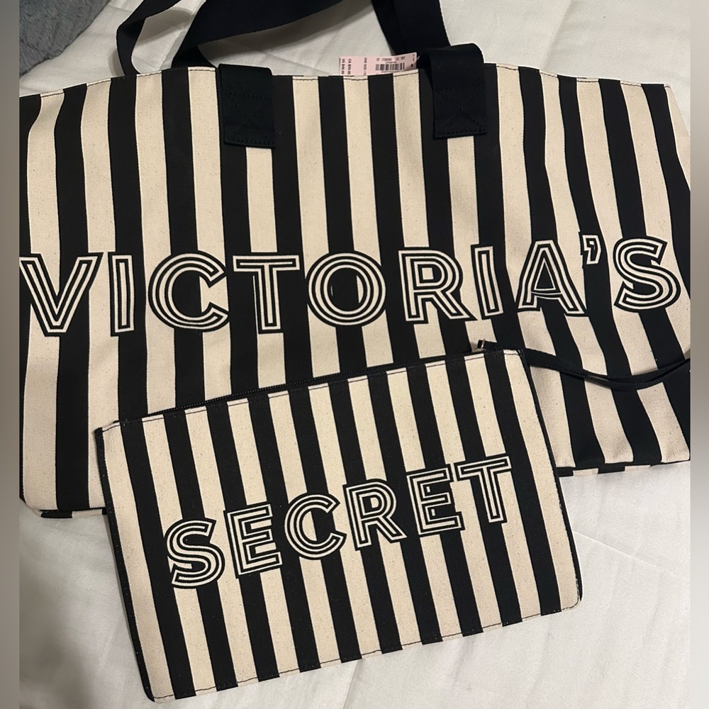 Victoria’s Secret Stripe Canvas tote and travel pouch NWT